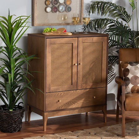 Baxton Studio Ramiel MidCentury Modern Ash Walnut Finished Wood and Rattan 1Drawer Sideboard 215-12428-ZORO